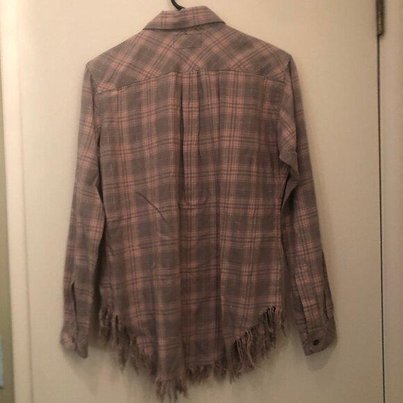 Current/Elliott Prep School Fray Button Up pink/gray plaid sz 0 - Picture 10 of 11